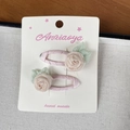 Pair of handmade pink fabric rose hair clips with silk leaves and ribbon wrapping - Hair Clip / Light Pink