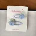 Handmade light blue fabric camellia flower hair clip set with green leaves for women - Hair Clip / Blue