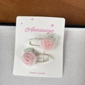 Handmade pink fabric camellia flower hair clips with green leaves on cream backing - Hair Clip / Deep Pink
