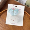Handmade bunny hair clip with blue gingham ears and bow on a white display card - Blue Grid Hair Clip