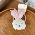 Plush bunny hair tie for girls featuring white fur and pink plaid ears with ribbon bows - Pink Checkered Scrunchie