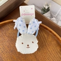 Cute plush bunny hair scrunchie in cream white with blue polka dot ears and bow detail - Blue Polka Dot Hair Tie