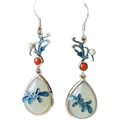 Orecchini in giada Hetian stile etnico con smalto blu e ganci in argento per donna - Orecchini fiore blu Giada He Tian (Rame placcato platino + Gancio argento 925)