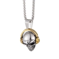 Macro view of silver skull pendant with gold headphones on a steel box chain - Two-tone Skull with Headphones Pendant Only (Without Chain)