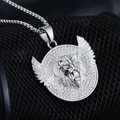 Pendentif tête de lion hip-hop avec ailes en cristal sur chaîne en acier argent - Pendentif uniquement / Argenté
