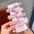 Set of 6 cute purple and pink flower heart hair clips for girls on display card - Purple Series