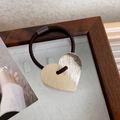 Golden brushed metal heart pendant hair tie with high elastic dark brown rubber band - Gold Heart