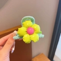 Cute green and yellow floral hair claw clip for girls with a pink center button - Green