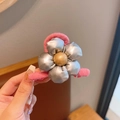 Pink elastic hair tie with a trendy metallic silver 3D flower charm for girls - Gray