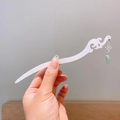 Retro lily of the valley hair stick with a soft white finish and green jade-like tassel drop - Creamy White Ru-Yi Hollow Green Bead Style (11)