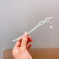 Retro lily of the valley hair stick with pearl tassel in light green jade finish - Light Green Ripple Pearl Drop Style (26)