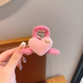 Pink velvet heart hair claw clip with plush texture and golden handmade metal tag - Light Pink