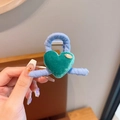 Mini heart hair claw clip with blue knit texture and green velvet heart detail - Lake Blue