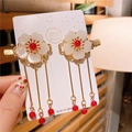 Traditional Chinese flower hair clips with white petals, red beads, and gold tassels - Red Small Round Bead Gold-Toned Pendant (C563-9 Red Pendant)
