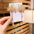 Champagne floral hair clip with pearl tassels and purple teardrop charms for girls - Purple Gradient Water Drop Pendant Champagne Flower (C563-10 Green Leaves)