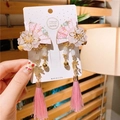 Pink fan flower hair clips with silk tassels and golden rabbit charms for girls - Pink Japanese-Style Fan-Shaped Rabbit Decoration (C563-12 Pink Fan)