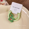 Set of two elastic braided hair ties in yellow and green with floral embroidery detail - Small Flower Style