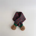 Detail of winter knit scarf with checkered pattern and soft brown faux fur pom-poms - Gray Base Green (8#)