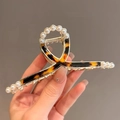 Vintage leopard tortoise hair claw with golden frame and elegant pearl embellishments - Dark Coffee Leopard