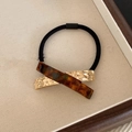 Black high-elastic hair tie with stylish tortoise shell and gold hammered metal X-cross detail - Brown