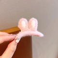 Pink plush bunny ear hair clip for girls with soft fuzzy fabric and cute white dots - Korean Pink Rabbit Ear Hair Clip