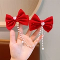 Lazos para el pelo de terciopelo rojo con gema de corazón rosa y borlas de perlas dobles - Terciopelo Rojo