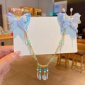 Hanfu hair clip set featuring light blue translucent butterflies with tassels and gold chain - Light Blue Butterfly Linked Style