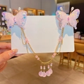 Pink butterfly hair clips for girls with golden tassels and delicate mesh wings - Pink Mesh Butterfly Linked Style