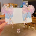Pink butterfly bow hair clips with pearls and tassels for girl's Hanfu costume outfit - Pink Lace Butterfly Linked Style