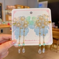 Handmade light blue floral hair clips with golden tassels and pearls for Hanfu dresses - Light Blue Flower Tassel Pair Clips