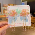 Pince à cheveux artisanale style chinois avec fleur rose, pompon doré et perles - Barrettes à Gland Fleur Rose