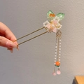 Kids Chinese style hair stick with pink flower petals and long pearl tassels - Pink Transparent Petal Pearl Double Fork (5)