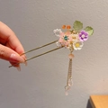 Traditional Chinese hair pin with pink and purple resin flowers and golden tassels - Pink Purple White Resin Flower Hairpin (6)
