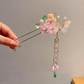 Chinese style hair pin with pink resin flowers, butterfly charm, and long golden tassels - Pink Resin Petal Butterfly Tassel Style (8)