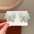 Set of two mint green and pink embroidered butterfly hair clips for girls - Green Embroidery