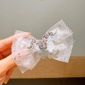 Pince à cheveux nœud en résille rose avec licorne pailletée et gemme en cœur - Style Nœud Poney (X398-2)