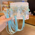 Pinza para el pelo con flores azul claro hecha a mano con cintas largas de seda y perlas - Azul Albaricoque