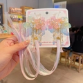 Pink sakura hair clips with long tassels and gradient ribbons for Hanfu clothing - Apricot Pink
