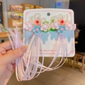 Pink and blue floral hair clips for girls with long organza ribbons and pearls - Wei Tong