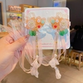 Pink Chinese style hair clips with floral petals and long tassel ribbons for girls - Jin Ju Orange