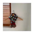 Checkered knit toddler scarf with red and green squares and plush brown pom-poms - Plaid Wine Red (15#)