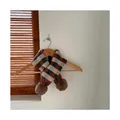 Thick warm kids scarf with brown and grey plaid pattern and fluffy pom-pom detail - Plaid Coffee (13#)