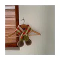 Checkered knit baby scarf with plush pom-poms in green and orange grid pattern - Plaid Green (29#)