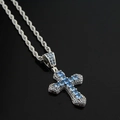 Collana a croce hip hop argento con zirconi blu e catena a corda intrecciata - Croce In Zirconia Quadrata Blu