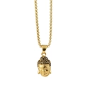 Hip hop gold Buddha head pendant necklace with black rhinestones on a thick link chain - Gold Black Rhinestone Buddha Head with Long Chain