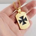 Detailed close-up of golden iron cross dog tag pendant with black enamel finish - Necklace Set / Gold