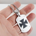 Detail of silver stainless steel dog tag pendant with black iron cross and box chain link - Necklace Set / Silver