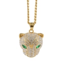 Hip-Hop Panther Anhänger Halskette mit Strasssteinen und grünen Smaragdaugen - Goldene Leopardenkopf-Panzerkette mit Strass