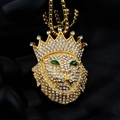 Hip hop iced out lion head crown pendant necklace in gold with green eyes jewelry - Rhinestone Crown Lion Head / Gold