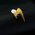 Macro shot of punk style golden eagle head ring in stainless steel with feather texture - US 8 / Gold